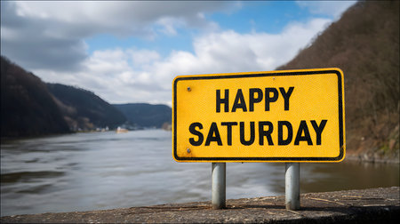 Happy Saturday Sign by the River, the letters stands near a riverside with mountains in the background. The scene captures a cheerful message, symbolizing relaxation and positivityの素材