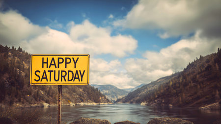 Happy Saturday Sign by the River, the letters stands near a riverside with mountains in the background. The scene captures a cheerful message, symbolizing relaxation and positivityの素材