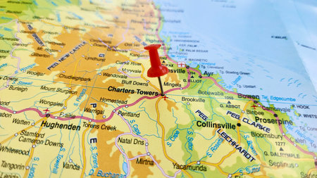 View of Charters Towers, is a rural town in the Charters Towers Region, Queensland, Australia, on a geographical map of Australia and New Zealand, marked with red pushpinの写真素材