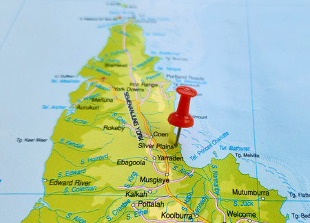 View of Silver Plains, Volcanic Province, Cook Shire, Queensland, Australia, Small province of volcanic rocks, on a geographical map of Australia and New Zealand, marked with pinの写真素材