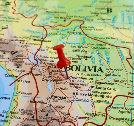 View of Cochabamba, is a city in central Bolivia, It is the capital of the Cochabamba Department and the fourth largest city in Bolivia, on a geographical map, with pinの写真素材