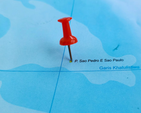 View of Sao Pedro E Sao Paulo Island, on geographical map of America, marked with red pushpin