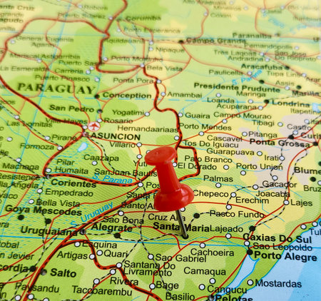 View of Santa Maria, is a city in Santa Barbara County, California, United States, on a geographical map of America, marked with red pushpinの写真素材