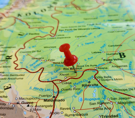 View of Rio Branco, is a Brazilian municipality, capital of the state of Acre, on a geographical map of America, marked with red pushpinの写真素材