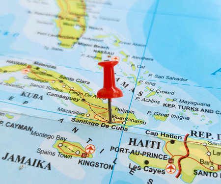 View of Santiago de Cuba, is the second-largest city in Cuba and the capital city of Santiago de Cuba Province, on a geographical map of America, marked with red pushpinの写真素材