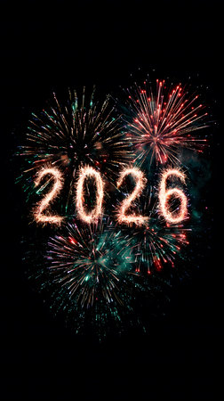 2026 New Year Fireworks Celebration, A vibrant display of colorful fireworks illuminating a dark night sky, with the year "2026" prominently displayed in sparkling.の素材