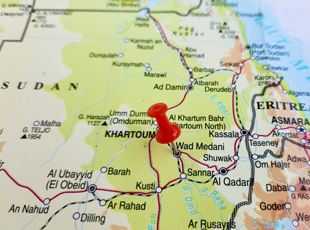 View of Wad Madani, is a city in Central Sudan and the capital of the Al Jazirah state, on a geographical map of Africa, marked with red pushpinの写真素材