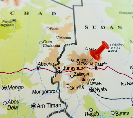 View of Mount Gurgei, Sudan, on a geographical map of Africa, marked with red pushpinの写真素材