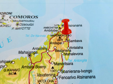 View of Sambava, is a city and commune at the east coast of northern Madagascar. It is the capital of Sambava District and Sava Region, on a geographical map of Africa, with pinの写真素材