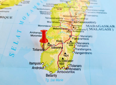 View of Toliara, is a city in southern Madagascar. It is the capital of the Atsimo-Andrefana region, on a geographical map of Africa, marked with red pushpinの写真素材