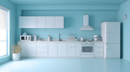 Minimalist Soft Blue Kitchen with Natural Light, A bright and spacious minimalist kitchen predominantly decorated in a soft blue and white color.の素材