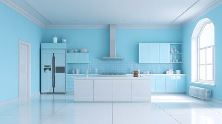 Minimalist Soft Blue Kitchen with Natural Light, A bright and spacious minimalist kitchen predominantly decorated in a soft blue and white color.の素材