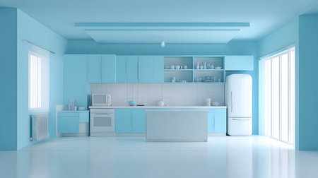 Minimalist Soft Blue Kitchen with Natural Light, A bright and spacious minimalist kitchen predominantly decorated in a soft blue and white color.の素材