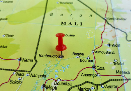 View of Tombouctou Region or Timbuktu Region, is one of the administrative regions of Mali, on a geographical map of Africa, marked with red pushpinの写真素材