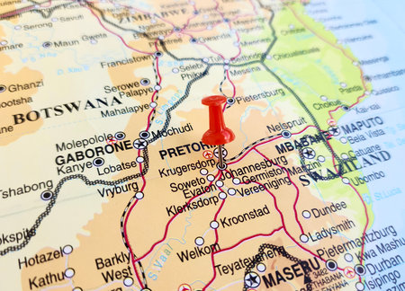 View of Johannesburg, is the largest and most populous city in South Africa, on a geographical map of Africa, marked with red pushpinの写真素材