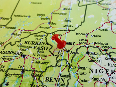 View of Dosso, is a city in the south-west corner of Niger, on a geographical map of Africa, marked with red pushpinの写真素材