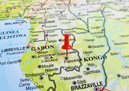 View of Franceville, is one of the four largest cities in Gabon, West Africa, on a geographical map...