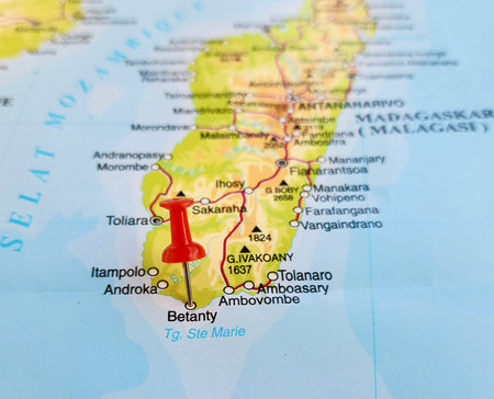 View of Betanty, also known as Toliara, is a beautiful coastal city located in the southwestern region of Madagascar, on a geographical map of Africa, marked with red pushpinの写真素材