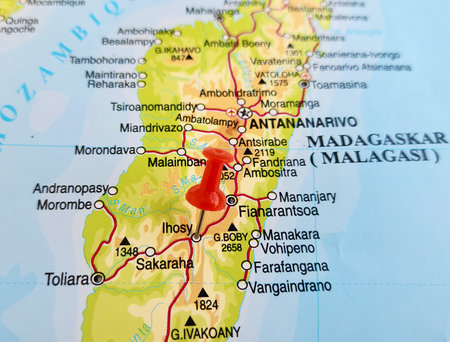 View of Ihosy, City in South Madagascar, on a geographical map of Africa, marked with red pushpinの写真素材