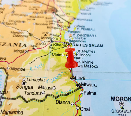 View of Lindi, Town in southern Tanzania, on a geographical map of Africa, marked with red pushpinの写真素材