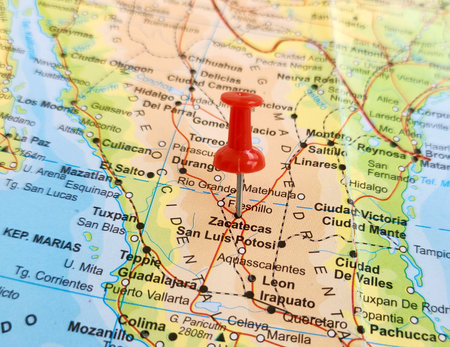 View of Zacatecas, State of Mexico, on a geographical map of America, marked with red pushpinの写真素材