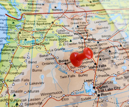 View of Boise, City in and state capital of Idaho, United States, on a geographical map of America, marked with red pushpinの写真素材