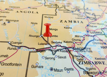 View of Luiana, Commune in Cuando Cubango, southeast Angola, on a geographical map of Africa, marked with red pushpinの写真素材