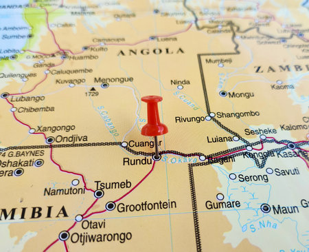 View of Rundu, is the capital and the largest city of the Kavango-East Region in northern Namibia, on a geographical map of Africa, marked with red pushpinの写真素材