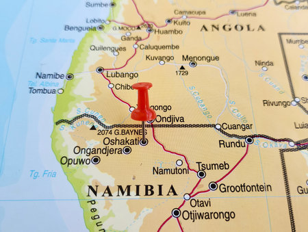 View of Oshakati, is a town in northern Namibia, one of Namibia's largest cities, on a geographical map of Africa, marked with red pushpinの写真素材