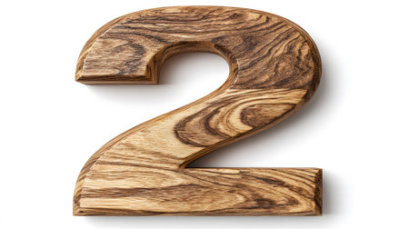 A meticulously crafted wooden number "2" stands prominently against a clean white background, showcasing its rich grain and natural textures.の素材