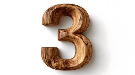 A meticulously crafted wooden number "3" stands prominently against a clean white background, showcasing its rich grain and natural textures.の素材