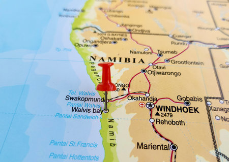 View of Walvis Bay, City and harbour in Erongo Region, Namibia, on a geographical map of Africa, marked with red pushpinの写真素材