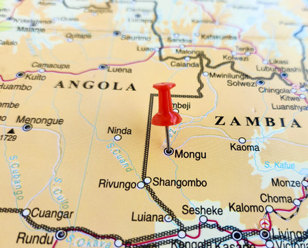 View of Mongu, is the capital of Western Province in Zambia, on a geographical map of Africa, marked with red pushpinの写真素材