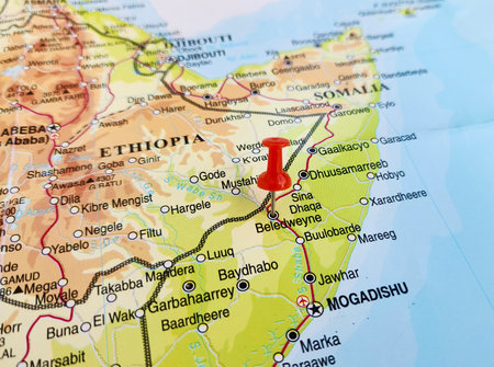 View of Beledweyne, is a city in central Somalia, on a geographical map of Africa, marked with red pushpinの写真素材