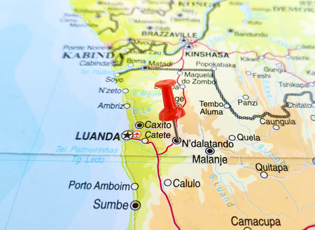 View of N'dalatando, formerly Vila Salazar, is a town in province of Cuanza Norte, Angola on a geographical map of Africa, marked with red pushpinの写真素材