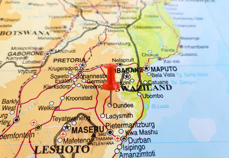 View of Dundee, Town in KwaZulu-Natal, South Africa, on a geographical map of Africa, marked with red pushpinの写真素材