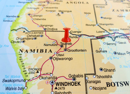 View of Grootfontein, City in Namibia, on a geographical map of Africa, marked with red pushpinの写真素材