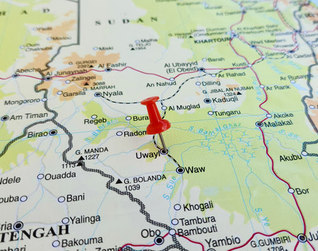 View of Aweil, is a city located in South Sudan. It is the capital of Northern Bahr el Ghazal state, on a geographical map of Africa, marked with red pushpinの写真素材