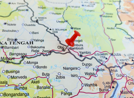 View of Obo, is the capital of Haut-Mbomou, Central African Republic, on a geographical map of Africa, marked with red pushpinの写真素材