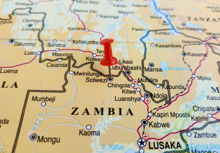 View of Solwezi, is a town in Zambia, on a geographical map of Africa, marked with red pushpinの写真素材