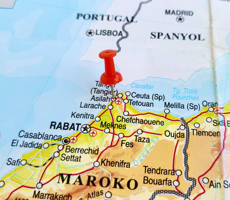 View of Asilah, City in Morocco, on a geographical map of Africa, marked with red pushpinの写真素材