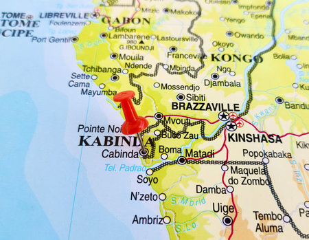 View of Cabinda Province, Province of Angola, on a geographical map of Africa, marked with red pushpinの写真素材
