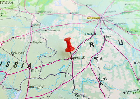 View of Bryansk, is a city and the administrative center of Bryansk Oblast, Russia, on a geographical map of Europa, marked with red pushpinの写真素材