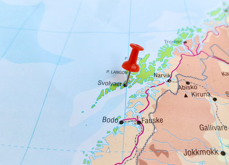 View of Svolvaer, Town in Vagan Municipality, Norway, on a geographical map of Europa, marked with red pushpinの写真素材