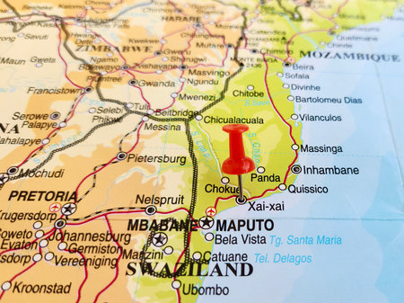 View of Xai-Xai, is the capital of Gaza Province, south of Mozambique, on a geographical map of Africa, marked with red pushpinの写真素材