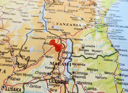 View of Mzuzu, is the capital of Malawi's Northern Region and is the third largest city by population in Malawi, on a geographical map of Africa, marked with red pushpinの写真素材