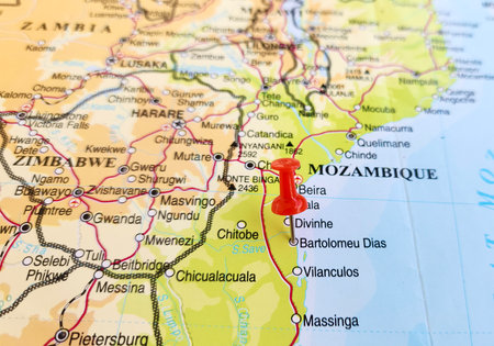 View of Bartolomeu Dias, city in located in the region of Inhambane Province, on a geographical map of Africa, marked with red pushpinの写真素材