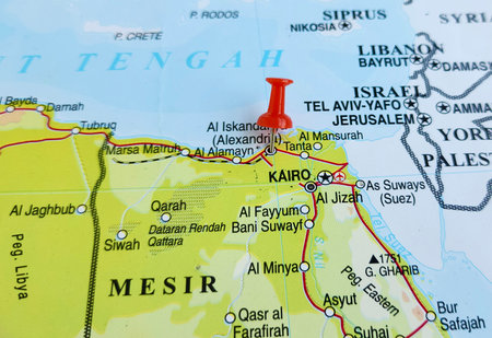 View of Alexandria, is a major city and urban muhafazah in Egypt, on a geographical map of Africa,...