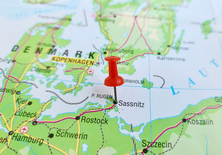 View of Sassnitz, Town in Mecklenburg-Vorpommern, Germany, on a geographical map of Europa, marked with red pushpinの写真素材