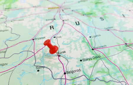 View of Kursk, is a city and the administrative center of Kursk Oblast, Russia, on a geographical map of Europa, marked with red pushpinの写真素材